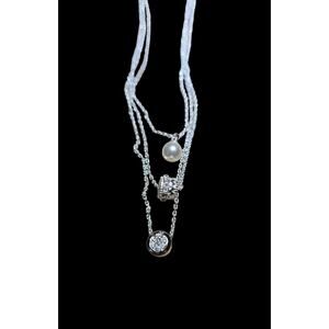 Stacked faux silver, pearl and diamond necklace